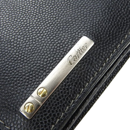 Cartier Long Wallet Santos De Leather Black Bifold Simple Small Everyday Use