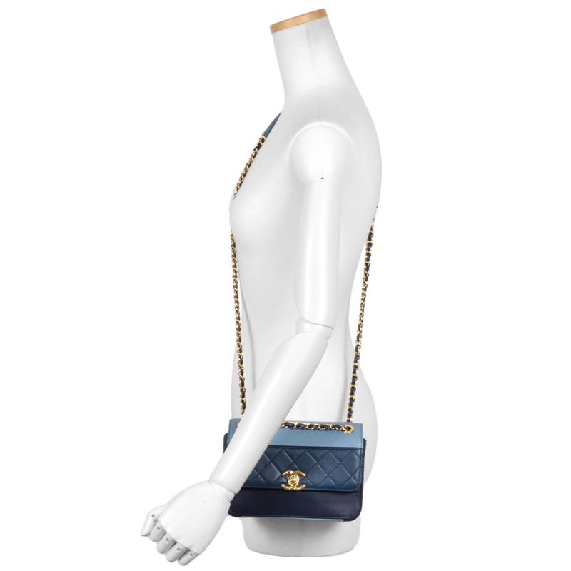 Chanel Matelasse Flap Chain Shoulder Bag Lambskin Blue Gold Hardware