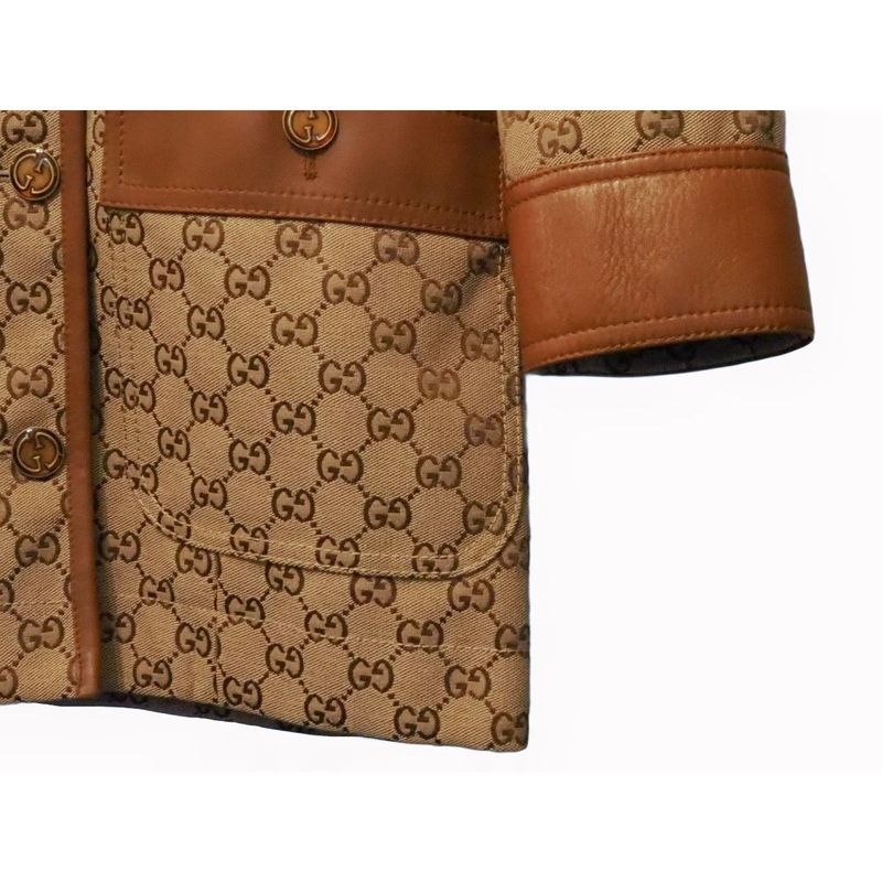 Gucci GG Canvas Jacket Web Stripe with Belt Women's Outerwear Leather Trim