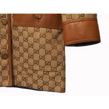 Gucci GG Canvas Jacket Web Stripe with Belt Women's Outerwear Leather Trim