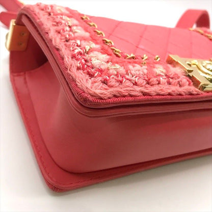 Chanel CC Logo Tweed Lambskin Chain Shoulder Bag Pink Gold
