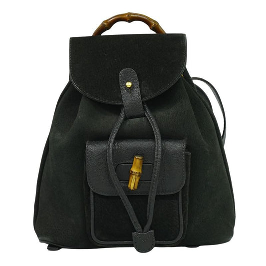 Authentic Gucci Bamboo Backpack Sac Backpack Suede Leather Black Bamboo Bag