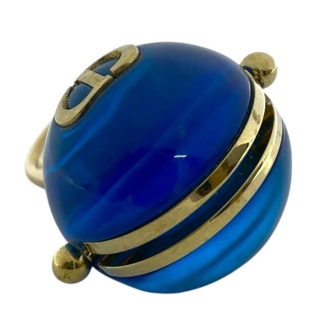 Christian DIOR Sorbet Ring Tribal Ball Jewelry Logo GP Metal Resin Gold Blue [M