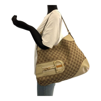 Gucci Horsebit Beige Ivory Gold Hardware GG Canvas 137386 Shoulder Bag Women