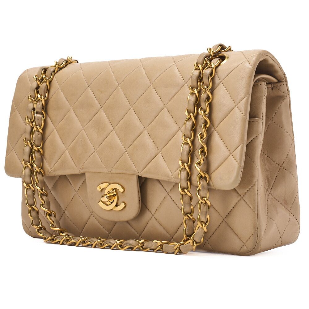 Chanel Chain Shoulder Bag Matelasse 25cm (984in) Double Flap Lambskin Beige