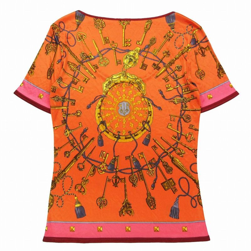 Hermes Les Cles Key Pattern Short Sleeve T-Shirt U-Neck Top Women's Orange Size