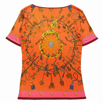 Hermes Les Cles Key Pattern Short Sleeve T-Shirt U-Neck Top Women's Orange Size