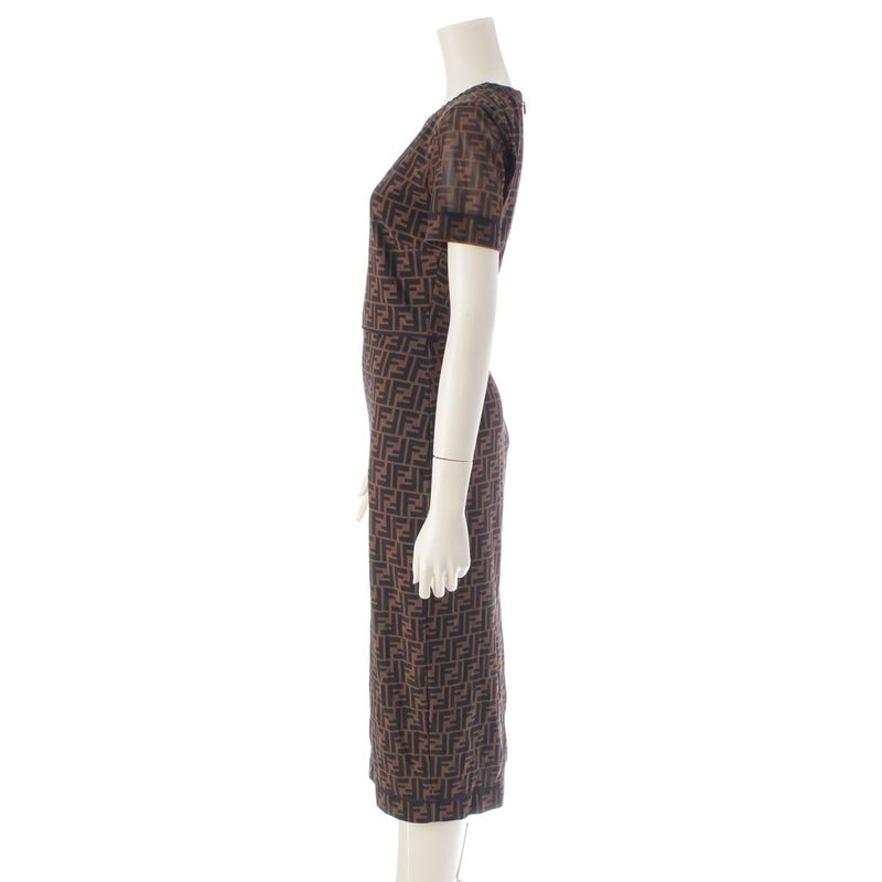 Fendi 19 Nylon Zucca Pattern Short Sleeve Crew Neck Long Dress Brown 38