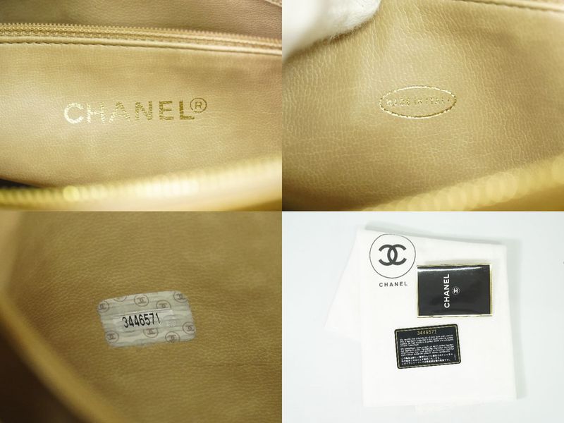 Authentic Chanel Coco Mark Shoulder Bag Tote Bag Caviar Skin Leather Beige Coco