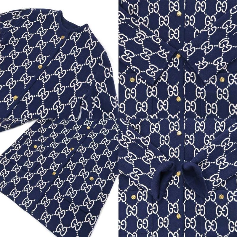 Gucci GG Jacquard Reversible Casual Digan S Navy- 773902 Gold Button