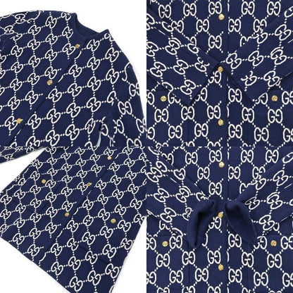 Gucci GG Jacquard Reversible Casual Digan S Navy- 773902 Gold Button