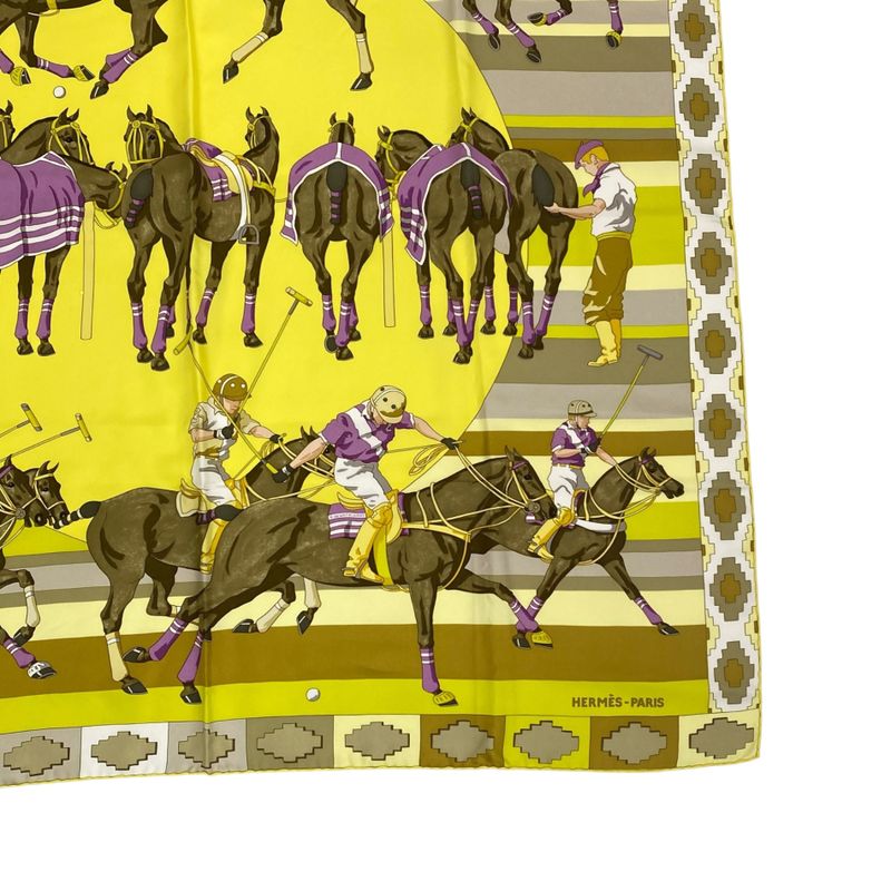 Hermes Carre 90 Scarf Silk LES Poneys DE POLO Large Size Horse Print Yellow