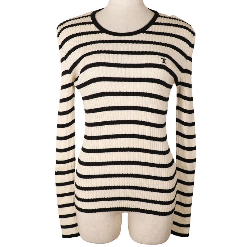 Chanel Coco Mark Striped 98P P10238v00445 Cotton White/black Women's Sweater