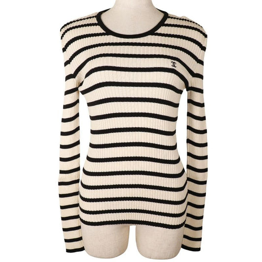 Chanel Coco Mark Striped 98P P10238v00445 Cotton White/black Women's Sweater