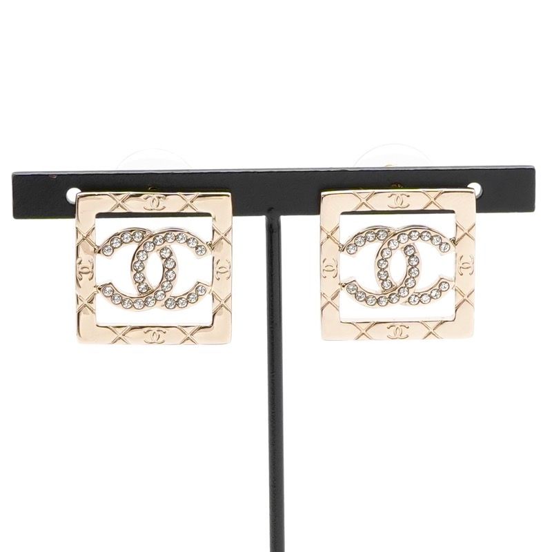 Chanel Earrings Earring Gold Coco Mark Rhinestone Square