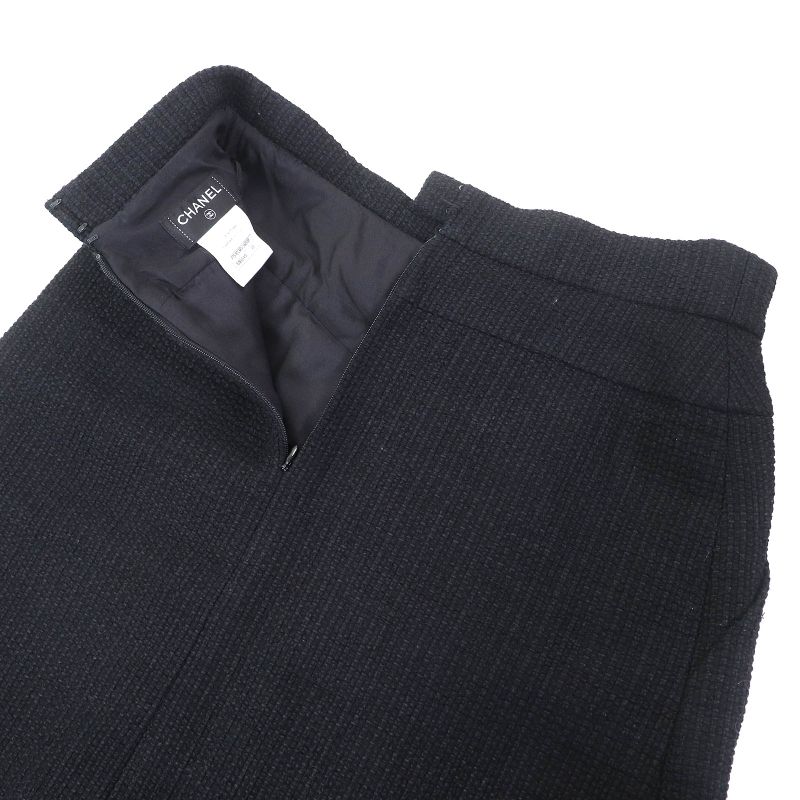 CHANEL P51038 Coco Mark Button Cotton Tweed Tight Skirt Black 40 Made In France
