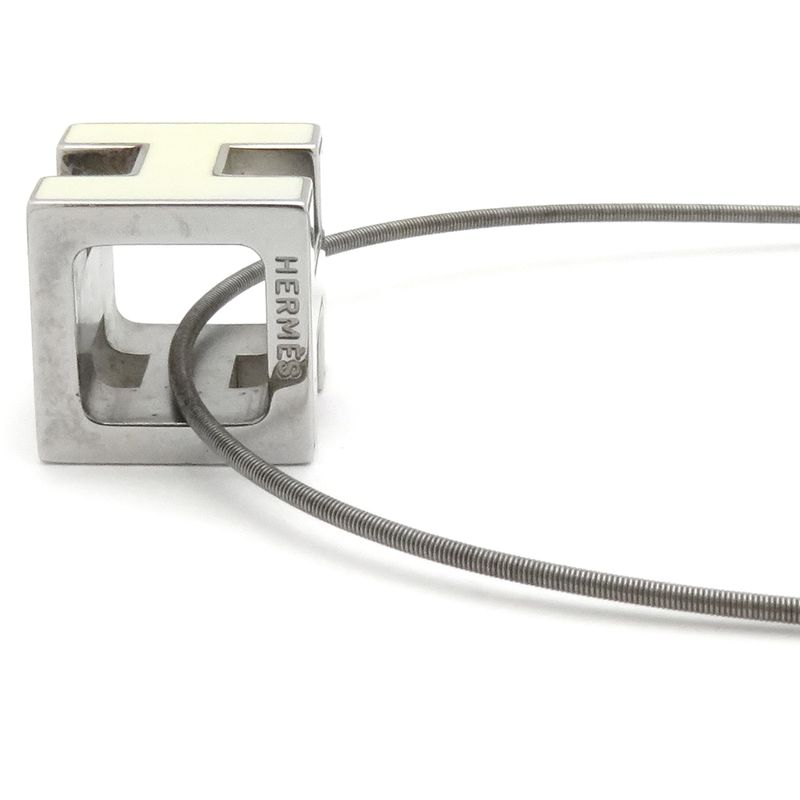 Hermes Necklace Caged Ash H Cube Metal Enamel White and Silver Hardware [box