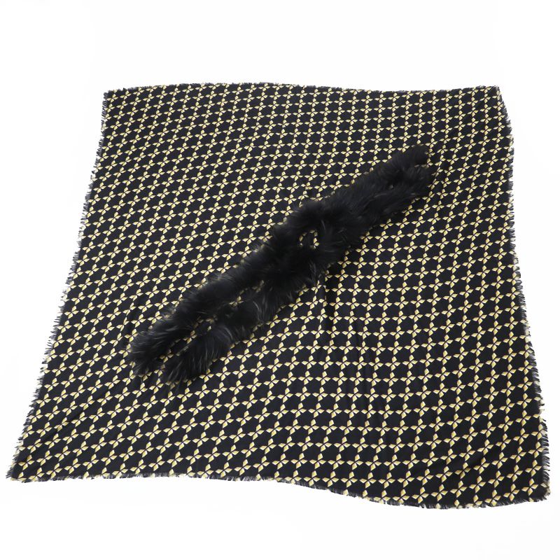 Fendi Fxt069 Silk Blend Raccoon Fur Zucca Pattern Scarf Black Yellow Beige