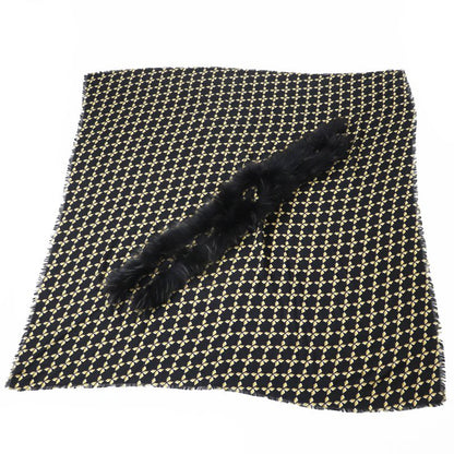 Fendi Fxt069 Silk Blend Raccoon Fur Zucca Pattern Scarf Black Yellow Beige