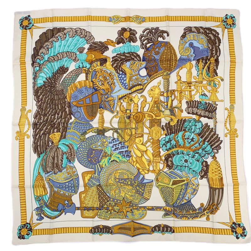 Grade Hermes Carre 90 Armets En Panache Feathered Helmet Gold Multicolor Scarf
