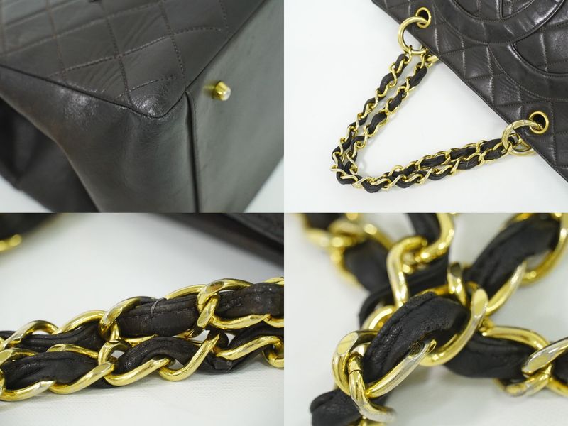 Authentic Chanel Matelasse Coco Mark Chain Tote Handbag Lambskin Leather Black