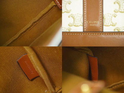 Authentic Celine Triomphe Small Bucket Shoulder Bag Pochette PVC White Brown