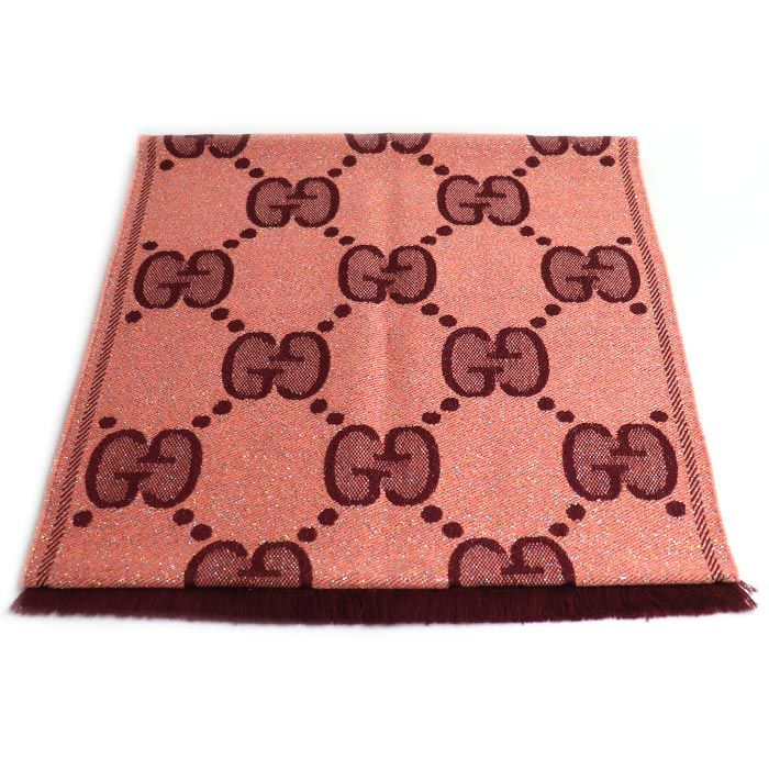 Gucci GG Wool Lame Jacquard Scarf Logo Scarf Pink Burgundy 598993 3gc15 Women