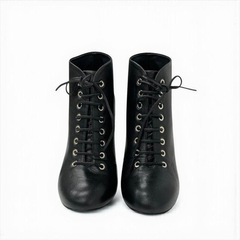 Chanel Boots Short Boots Shoes Leather Black Booties Lace Up Coco Mark Pearl