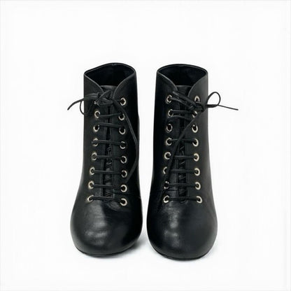 Chanel Boots Short Boots Shoes Leather Black Booties Lace Up Coco Mark Pearl