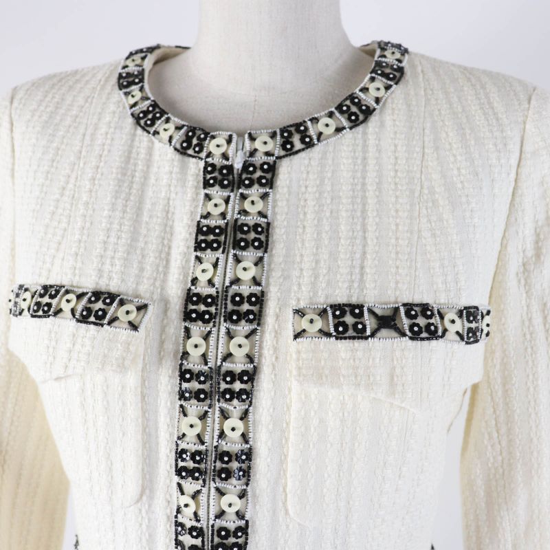 CHANEL 03P P21247 Cotton Linen Blend Coco Beaded Decoration Collarless Single