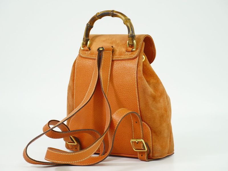 Authentic Gucci Bamboo Backpack Sac Backpack Suede Leather Orange Bamboo Bag