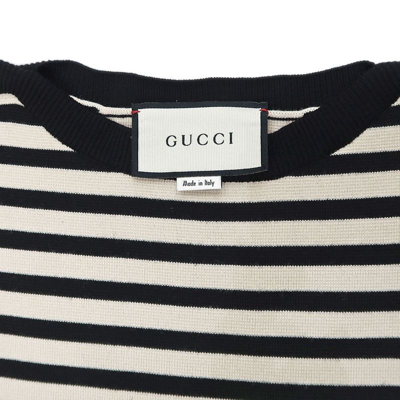 Gucci Knit Dress Border Light Beige Black M Wool 572614 Women's Apparel