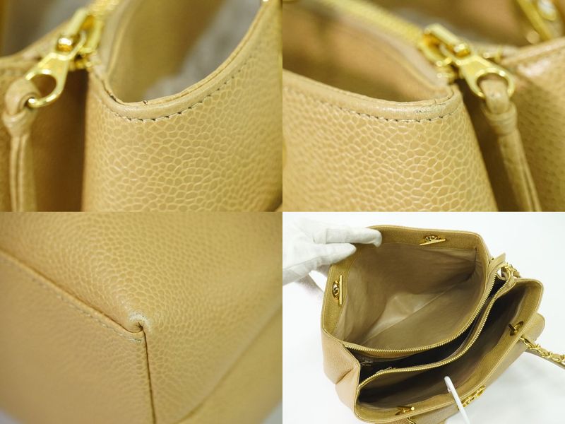 Authentic Chanel Coco Mark Shoulder Bag Tote Bag Caviar Skin Leather Beige Coco