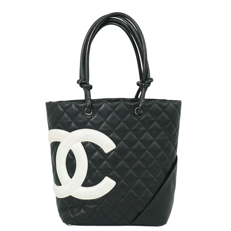 Authentic Chanel Coco Mark Cambon Line Tote Handbag Leather Black White Cambon