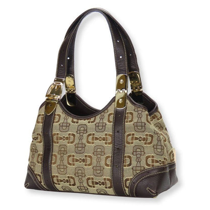 Gucci Handbag 145761 Horsebit Canvas Leather Beige Brown Gold Hardware Casual