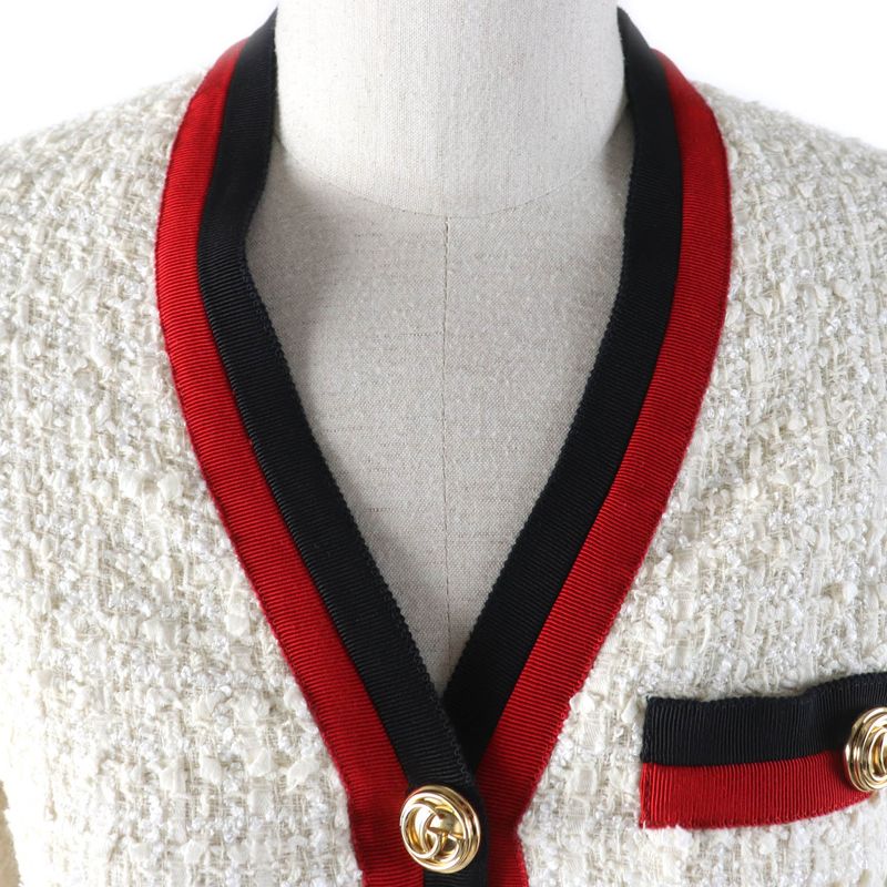 Gucci 19SS 551562 Webline V-neck Tweed Long Dress With GG Buttons Off-white 36