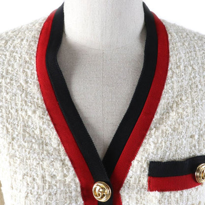 Gucci 19SS 551562 Webline V-neck Tweed Long Dress With GG Buttons Off-white 36