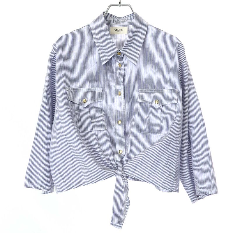 Celine 23ss Cotton Linen Striped Blouse Shirt 2t249042q Blue and White L