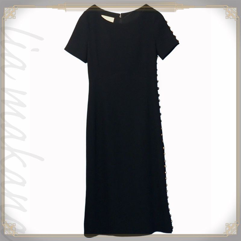Gucci Wool Dress Short Sleeves Round Neck Slit Black Gold Tone GG Button #40