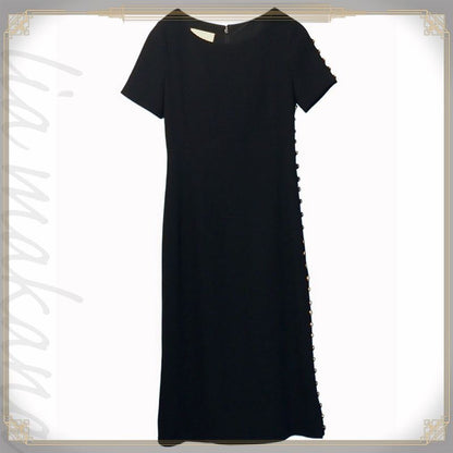 Gucci Wool Dress Short Sleeves Round Neck Slit Black Gold Tone GG Button #40