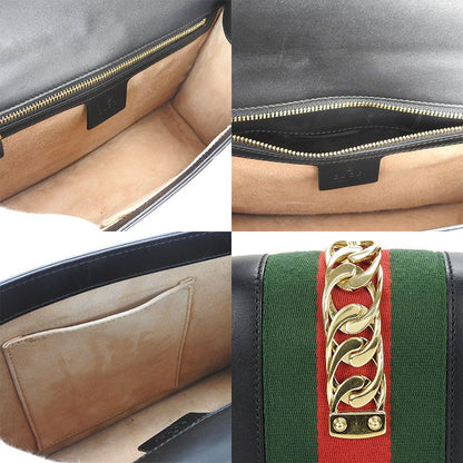 Gucci Shoulder Bag Sylvie Small 421882 Webline Leather Black Gold Hardware