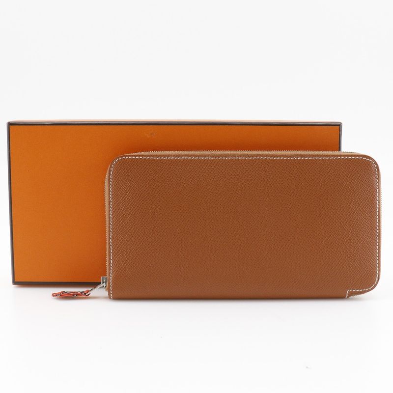 Hermes Azap Silk-in Vaux-epson Brown □Q Ladies Long Wallet