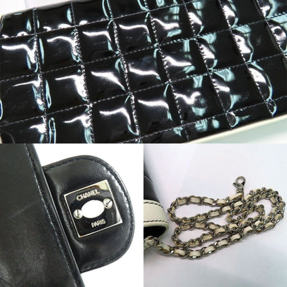 CHANEL Vintage Chocolate Bar Lambskin Patent Purse Bag Black Chain