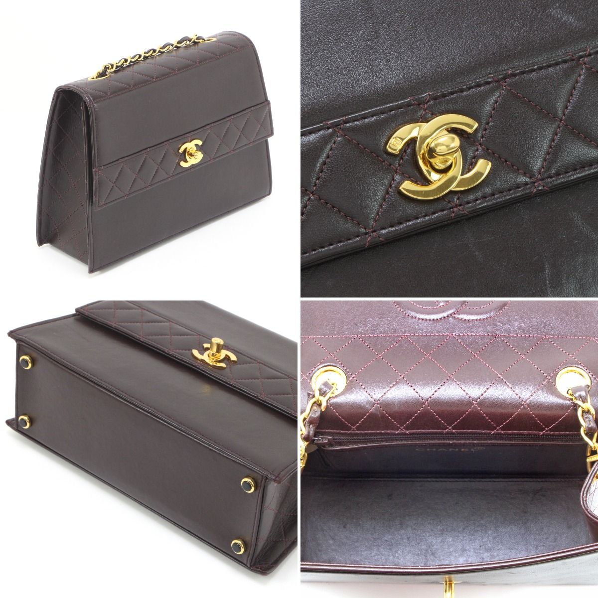Chanel Matelasse Shoulder Bag Leather Dark Brown