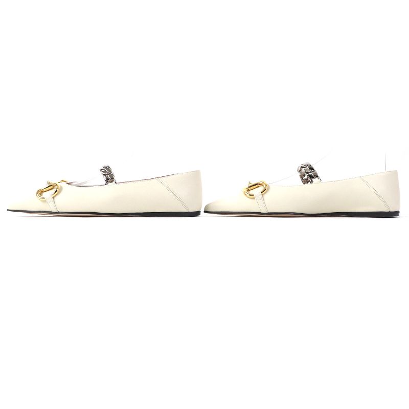 Gucci 621161 Leather Horsebit Pointed Toe Flat Pumps With Chain Ivory Gold And