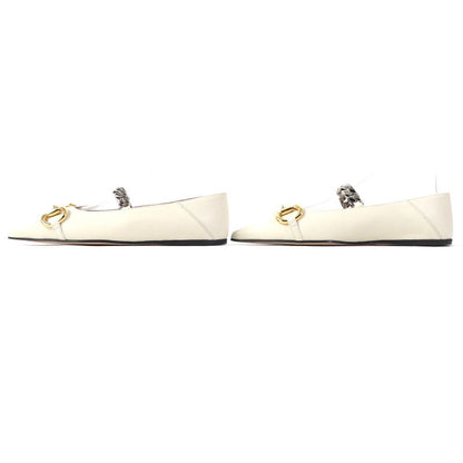 Gucci 621161 Leather Horsebit Pointed Toe Flat Pumps With Chain Ivory Gold And
