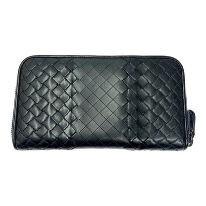 Bottega Veneta Leather Intreccio Imperatore Round Zipper Long Wallet Black