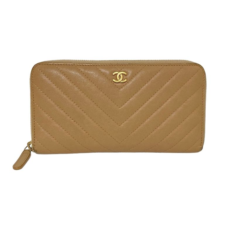 Chanel Long Wallet V-stitched (chevron) Beige Coco Mark/gold Hardware / Round