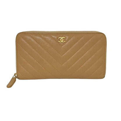 Chanel Long Wallet V-stitched (chevron) Beige Coco Mark/gold Hardware / Round