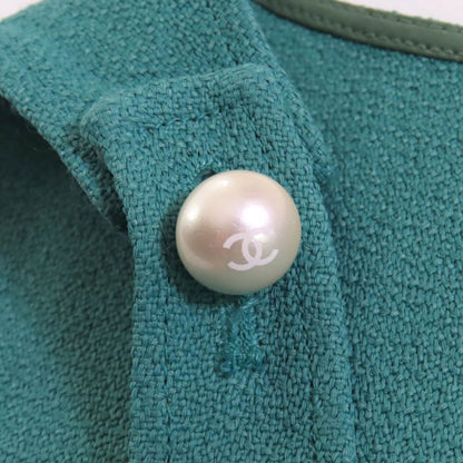 CHANEL P47830 Coco Mark Pearl Button Sleeveless Top Tunic Green Beige Blue 38